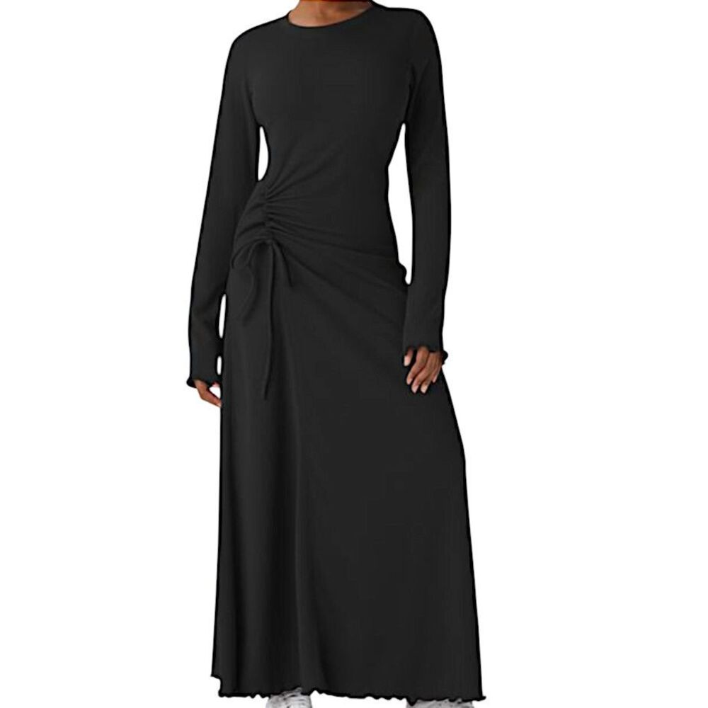 Halara Black Ribbed Long Sleeve Side Ruched Lettuce Hem Maxi Dress Size Medium